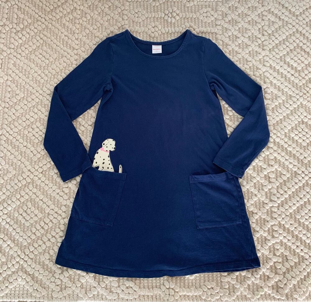 Hanna Andersson Navy Blue Dress Cotton Jersey Dalmatian Pocket Print Sz 8 130 cm